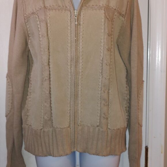 KIKIT  tan leather zipper front sweater jacket  Sz S - Picture 2 of 7